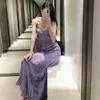 Vuwwwyv Dresses Purple Print Backless Slip Midi Kobiety Letni Cienki Pasek Plisowana Kobieta Sexy Party Vestidos 210430