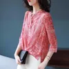 Button-up Decorative Printed Shirt Femal Stand-up Collar 3/4-sleeve Floral Side Slit Pleated Loose Chiffon Blouse Pullover Women Women's Blo