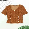 Chic Élégant Brown Polka Dot Imprimer Blusas Mujer de Moda Centre Boutons Vintage Slim V Col Femmes Blouse 210520