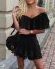 Mode Elegante Off Schulter Rüschen Fit Flare Kleid Frauen Feste Beiläufige Sommer Kleider Mini Tragen Große Größe