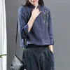 Primavera estilo artístico mujer manga larga algodón Lino camisas sueltas bordado Vintage cuello levantado blusas casuales señoras Tops S653 210512