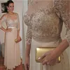 Chiffon Mother Of The Bride Dresses Sheer Jewel Neck 3/4 Long Sleeve Pearls Sash Beads Women Evening Party Gowns Plus Size