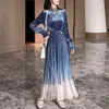 Women Vintage Black Blue Elegant Velvet Mesh Dress Empire Long Sleeve Ruched A-line Midi Evening Party Dresses D2179 210514