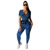 Sexy V-Ausschnitt Leopardendruck Kurzarmanzug 2 Peice Outfits für Mode Wome Slim Casual Sets