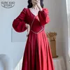 Printemps coréen Vintage tempérament rouge longue robe femmes manches bouffantes plissées mi-longueur taille haute 12911 210508