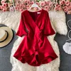 Vintage V-neck waist tie irregular ruffled wide-leg rompers womens jumpsuit summer trumpet sleeve elegant Culottes 210420