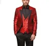 TNew Design One Button Bright Red Groom Tuxedos Peaked Lapel Groomsmen Suit Men's