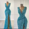 2022 Nieuwe Glanzende Pailletten Celebrity Jurk Diepe V-hals Korte Mouwen Mermaid Glitter Split Side Avondjurken Red Carpet Prom jurken Ee
