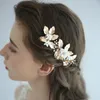 SLBRIDAL Gold Handmade Crystal Rhinestone Ceramic Flower Leaf Wedding Clip Barrettes Bridal Hair Accessories Women Jewelry