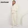 Aachoae solide 100% coton costumes femmes ensemble polaire pull sweat à capuche sweat-shirts pantalons décontractés survêtement grande taille 211007