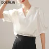 Camisa branca da manga do sopro das mulheres curtas Curta em v-pescoço blusa retro lapela elegante único verão verão mais tamanho 210601