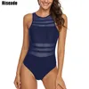 Riseado Black Mesh One Piece Badeanzug Bademode Frauen Sexy High Neck Badeanzug Frauen Backless Plus Größe Schwimmen Tragen XXL 210407