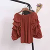 Spring and Summer One-line Collar Strapless Three-quarter Sleeve Shirt Female Lantern All-match Solid Color Top UK017 210506