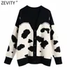 Mulheres Vintage V Neck Animal Padrão Cardigans Cardigans Tricô Camisola Female Chic Manga Comprida Contraste Cores Supers S703 210420