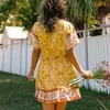 Sommarbåge Klänning för kvinnor Boho Style Positionering Skriv ut Kortärmad Lace-up Sexig Mini Dress Vestidos Vintage Beach Dress 210514