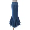 Vintage Denim Irregular Hem Skirt For Women High Waist Patchwork Tassel Casual Blue Trumpet Female Spring Fashion Style 210531