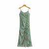Bloemenprint zomer maxi jurk polka dot mouwloze groene spleet ruche backless ruches chiffon sundress 210427