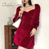 Autumn Women Velvet Mini Long Sleeve Vintage Elegant Lady Sexy Black Red Short Party Dress 210415