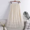 Surmiitro sommar mode midi lång tulle kjol kvinnor koreansk stil blå applique hög midja mittlängd pläterad kjol kvinna 210712