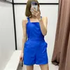 Za Blue Linen Short Summer Jumpsuit Women Sleeveless Backless Elastic Waist Sexy Playsuit Female Patch Pockets Playsuits 210602