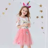 Flickor Cartoon Unicorn Dress Sommar Söt Kids Casual Broderi Mesh Vestidos Baby Barn Outfits 210429