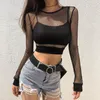T-shirt Femme Sexy Noir Creux Hollow Out Mesh Femme Skinny Crop Top 2021 Mode Summer Basic Tops pour Femmes Fishnet Shirt