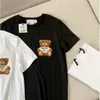 Womens Tops Tees Summer new T-shirt flocking three-dimensional cartoon bear letter embroidery loose short sleeves for men and women