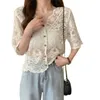 Crochet Fleurs Creux Cardigan à manches courtes Blouse en dentelle Été Mode coréenne Vêtements pour femmes 210520