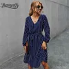 Autumn Winter Lady Ruffle Hem Striped Dresses with Belt V-Neck Long Sleeve Casual OL Women A-Line Midi Dress 210510