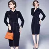 Printemps Automne Femmes Vintage Fil d'or Broderie Couture Slim Bouton Poche Poignet Manches Bureau Dame Robe 210416