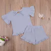 1-5Y Summer Soft Toddler Kid Baby Flickor Kläder Set Ruffles T-shirt Toppar Shorts Outfits Barndräkter Kläder 210515