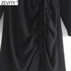 Vrouwen Vintage V-hals Zwart Geplooide Mini Jurk Dame Lange Mouwen Side Rits Casual Slanke Korte Business Vestido DS4767 210416