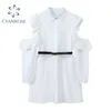 Sommerfrauen schulterfreies weißes Hemdkleid Rüschen Patchwork gerade Vestidos Einreiher Revers OL koreanische Kleider 210515
