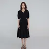 Retro Kobiety Elegancki Rękaw Puff Sukienka Wrap Summer Workwear Deep V-Neck Solid Black Khaki Midi Sukienki Vestidos 210608