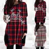 All-match Dress Ladies Christmas Elk Print Plaid Plus Size Casual Long-sleeve Pocket Female Round Neck Loose Dresses Pullover Y1204