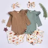 Barnkläder Ställer Tjejer Outfits Infant Toddler Flyga Sleeve Romper Toppar + Sun Sunflower Print Shorts + Headband 3pcs / Set Summer Fashion Boutique Baby Kläder
