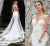 2022 Elegant satin bröllopsklänning vit sjöjungfrun kvinna illusion spets applikationer plus storlek vestidos de noiva boho strand växer brudklänningar robe mariée