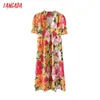 Summer Women Flowers Print French Style Dress V Neck Puff Short Sleeve Ladies Midi Sundress 3A80 210416