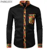 Dashiki Africain Hommes Chemise Patchwork Poche Africaine Imprimer Chemise Hommes Ankara Style À Manches Longues Conception Col Hommes Robe Chemises 210331