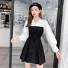 Wiosna z długim rękawem Kobiety Korea Styl Luźne Casual Kombinezony Sundress Patchwork Khaki Koszula Suknie 16W031B 210510