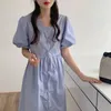 Sommer Eleganter V-Ausschnitt Lose Gentle Büro Dame Solid Streetwear Puff Sleeve Retro Lange Kleider Vestidos 210525