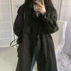 Trench-Coat Automne Vêtements Femmes Corée Rétro Mi-long Coupe-Vent Grand Revers Double Boutonnage Jarretelles Taille Lâche Manches Bouffantes Femmes Laine