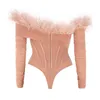 Autumn Women Pink Feathers Off Shoulder Bandage Bikini Bodysuits Sexy Long Sleeve Club Party Bodycon Rompers 210527