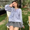 Nomikuma Ruffle Patchwork Blue Blouse Women O Neck Lace Up Long Sleeve Tops Arrival Korean Style Elegant Shirts Blusas Mujer 210514