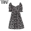 Traf Women Chic Fashion Floral Print Mini Dress Vintage V Neck Puff Sleeves Back Elastic Female Dresses Vestidos Mujer 210415