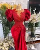 2022 Plus Size Arabisch Aso Ebi Rote Meerjungfrau Spitze Ballkleider Perlen Sheer Neck Samt Abend Formale Party Zweite Empfangskleider D293S