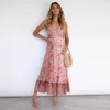 Floral Sling Dress Femmes D'été De Mode Élégant Bohème Col En V Mince Jaune Longues Robes Feminina LR1233 210531