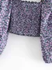 Mulheres Vintage Roxo Floral Impressão Camisa Moda Senhoras Elastic Curta Tops Elegante Feminino Streetwear Quadrado Colar Blusa 210427