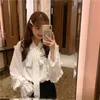 Summer Elegant Lace Up Bow Collar Solid Blouse Women Lace Patchwork Flare Long Sleeve Loose Blusas Shirt Autumn 14697 210527