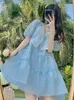 Sweet High Waist Plus Size Summer Blue V Neck Puff Short Sleeve Bow Dress Wome Beading Pearl Princess Vestido De Mujer Chic 210610